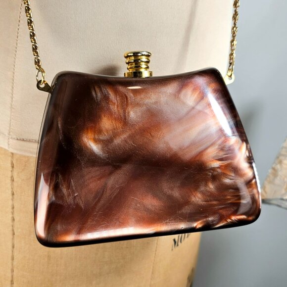 Vintage Brown Marbled Acrylic Box Clutch with Gold Chain Strap - Picture 13 of 16